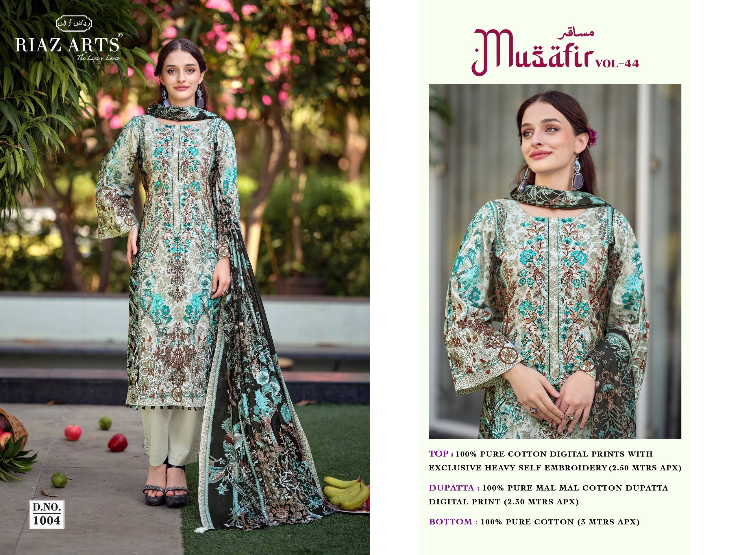 MUSAFIR VOL-44 By RIAZ ARTS 1001 To 1008 Series Beautiful Festive Suits Stylish Colorful Fancy Casual Wear Pure Cotton Dresses At Wholesale Price